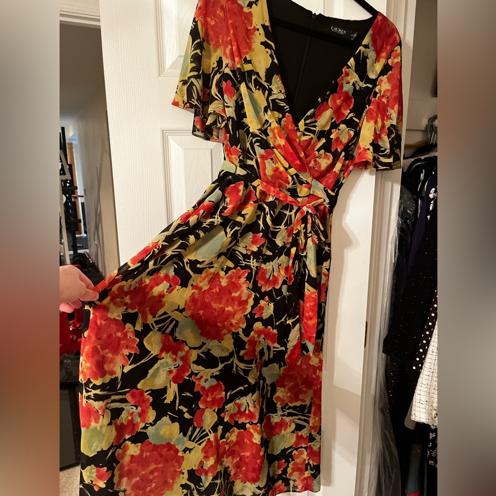 Ralph Lauren Black Maxi Dress with Red and Yellow Floral Pattern NWOT